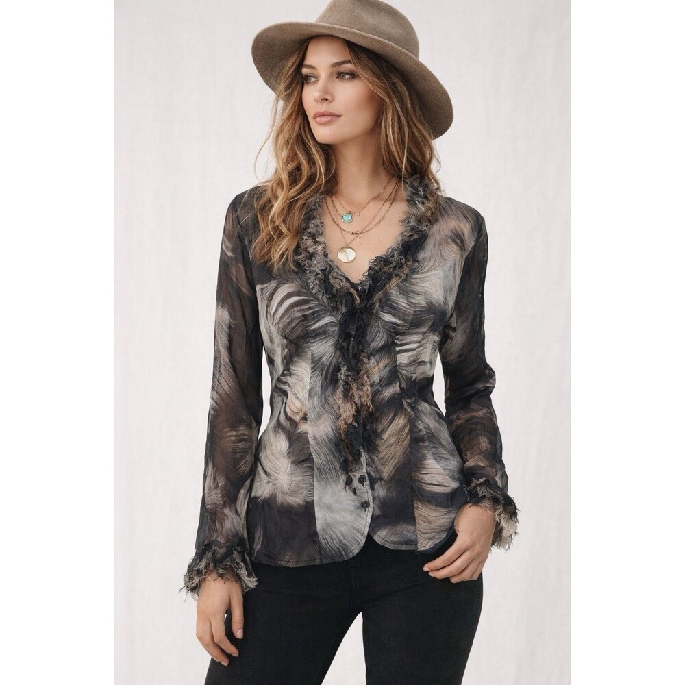 Anne Fontaine Paris Nouma Blouse Sheer Frilly Silk‎ Chiffon Top Corset Back 42